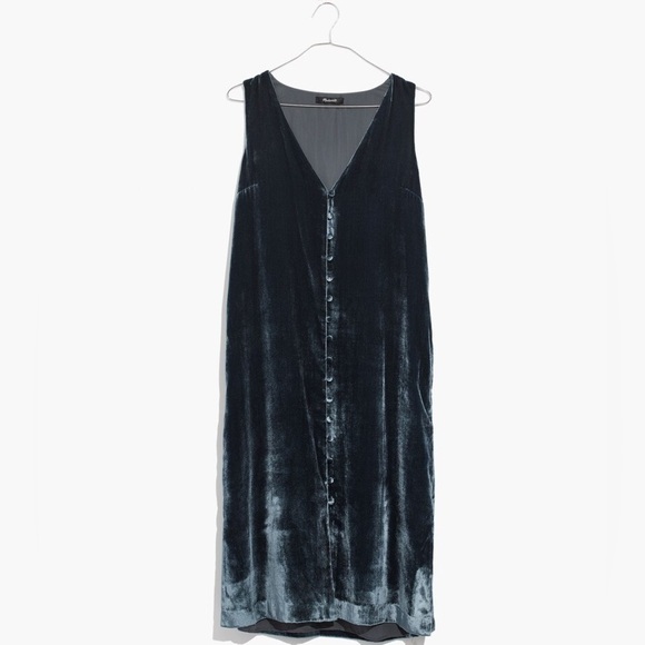 MADEWELL BY JCREW BLUE VELVET BUTTON FRONT MIDI DRESS WITH SIDE SLITS TRENDY - Picture 4 of 13